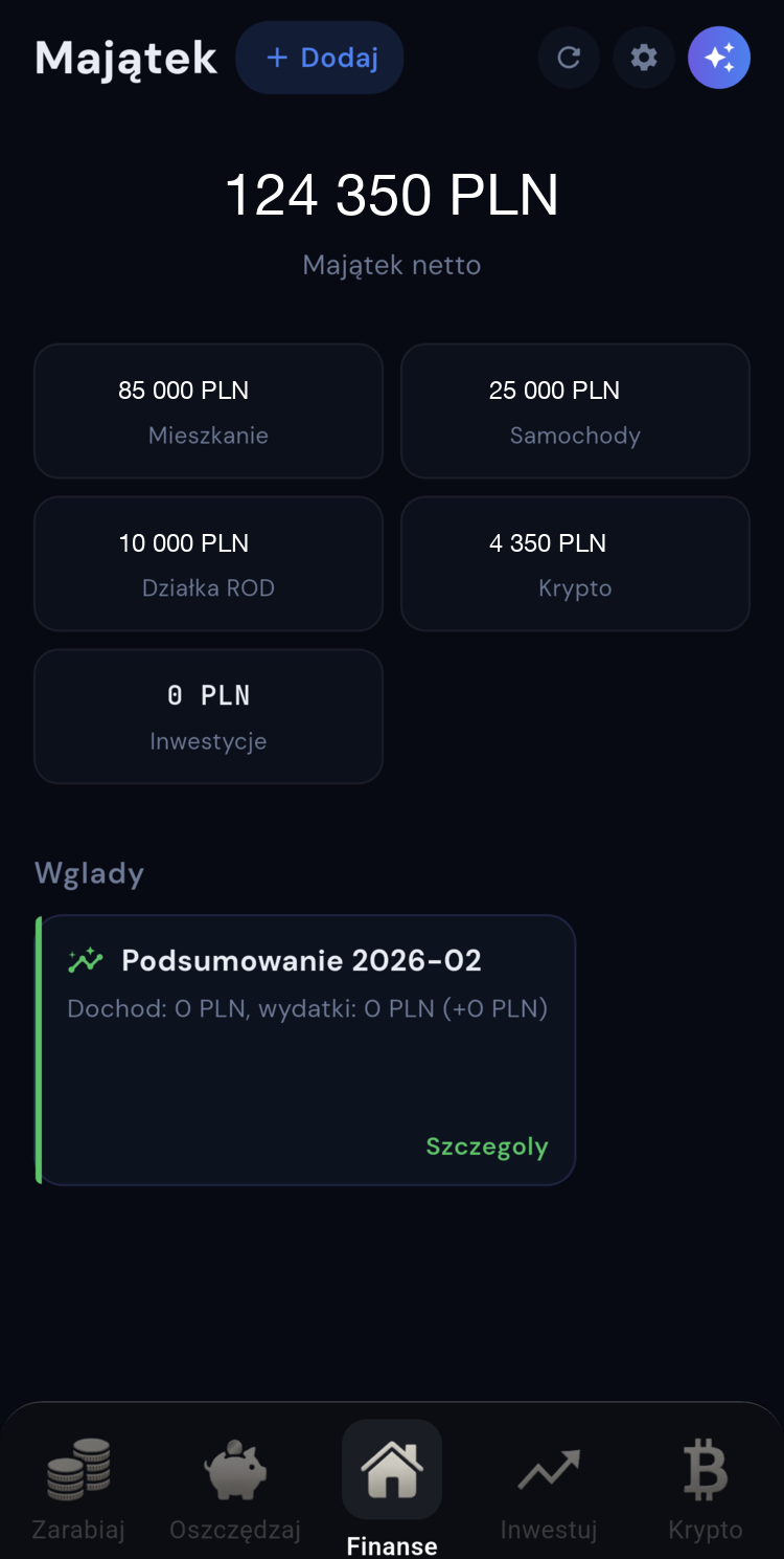 ZOI — ekran Moje Finanse (suma majątku)